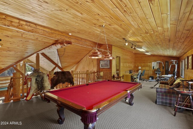 703 N Chaparral Pines Dr, Payson, AZ 85541 - recreation room featuring rail lighting, lofted ceiling, carpet, wooden walls, and pool table