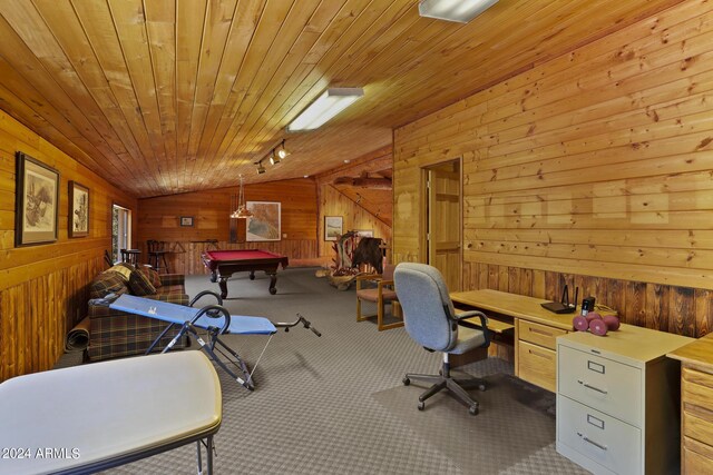 office space with pool table, lofted ceiling, light colored carpet, wooden walls, and wooden ceiling