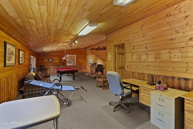 703 N Chaparral Pines Dr, Payson, AZ 85541 - office space with lofted ceiling, wooden ceiling, carpet floors, wooden walls, and pool table