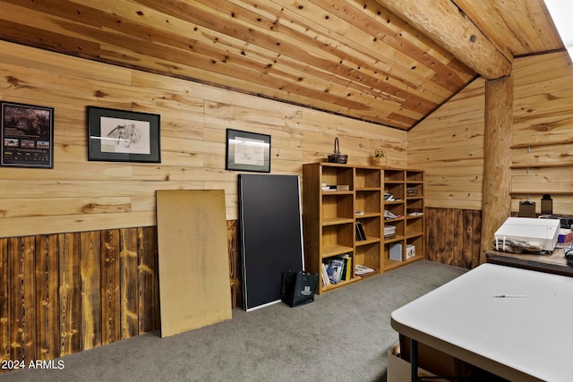 carpeted office featuring wooden ceiling, wooden walls, and lofted ceiling with beams