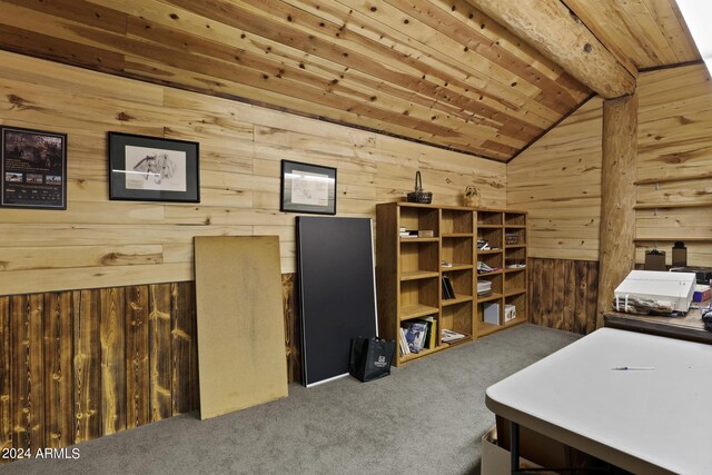 703 N Chaparral Pines Dr, Payson, AZ 85541 - carpeted home office with lofted ceiling with beams, wooden ceiling, and wood walls