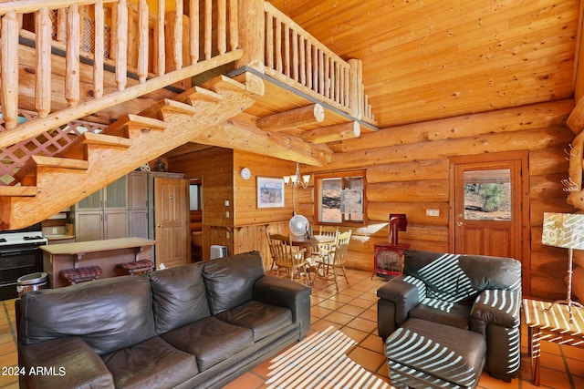 tiled living room featuring wood ceiling and log walls