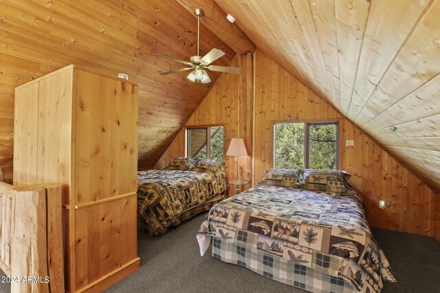 703 N Chaparral Pines Dr, Payson, AZ 85541 - carpeted bedroom with wooden ceiling, lofted ceiling with beams, and wooden walls