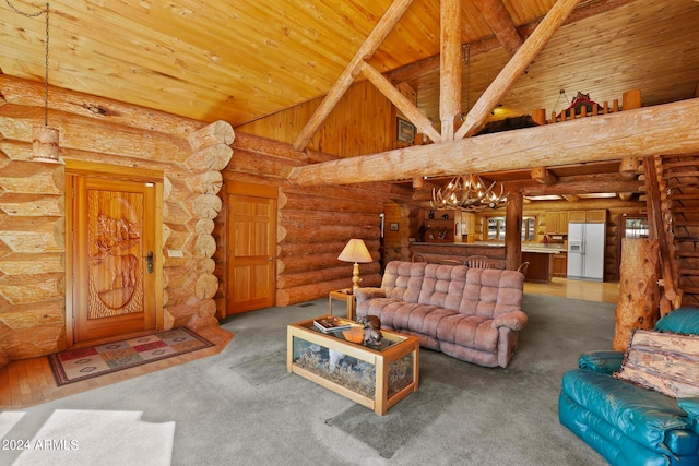 carpeted living room featuring an inviting chandelier, rustic walls, high vaulted ceiling, and wooden ceiling