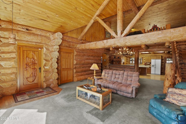 703 N Chaparral Pines Dr, Payson, AZ 85541 - living area featuring wooden ceiling, a notable chandelier, high vaulted ceiling, and light colored carpet