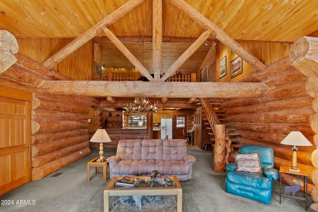 unfurnished living room with carpet floors, an inviting chandelier, log walls, and wooden ceiling