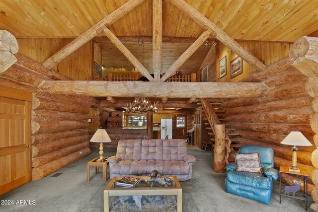 703 N Chaparral Pines Dr, Payson, AZ 85541 - unfurnished living room featuring high vaulted ceiling, wooden ceiling, carpet flooring, and a chandelier