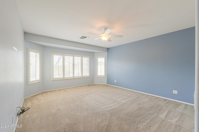 carpeted spare room with a wealth of natural light and ceiling fan