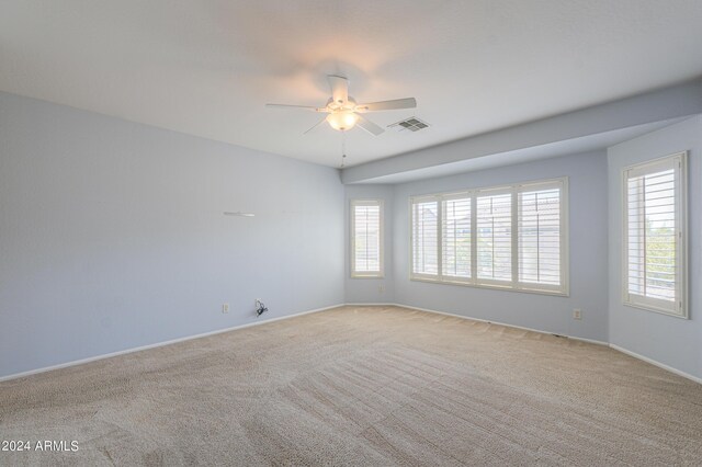 carpeted spare room with ceiling fan and a healthy amount of sunlight