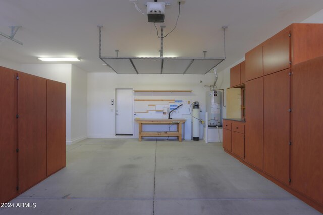 garage with gas water heater and a garage door opener