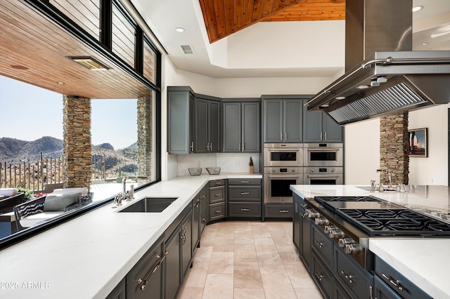 kitchen with visible vents, island range hood, stainless steel appliances, a mountain view, and a sink