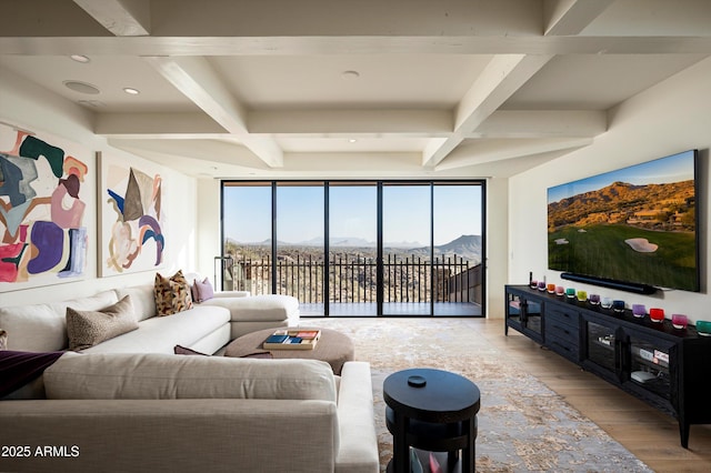 living room with recessed lighting, beam ceiling, coffered ceiling, and wood finished floors