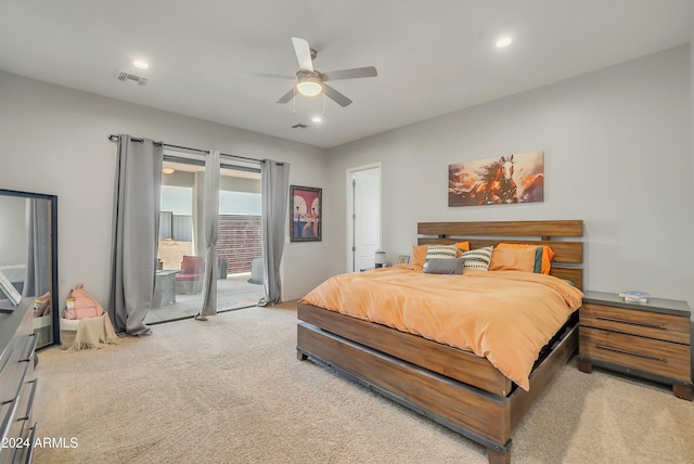 carpeted bedroom featuring access to outside and ceiling fan