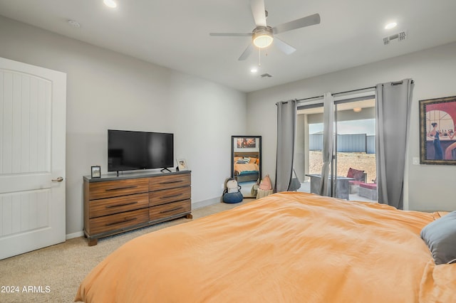 bedroom with access to outside, ceiling fan, and light carpet