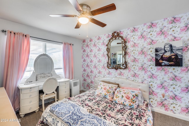 carpeted bedroom featuring ceiling fan