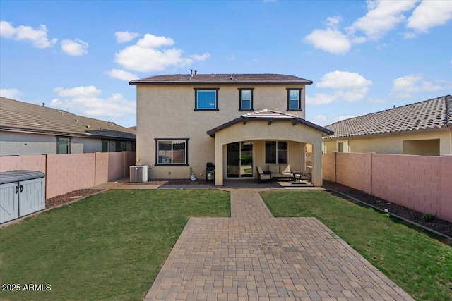 3936 E Narrowleaf Dr, Gilbert, AZ 85298 - back of house featuring stucco siding, central air condition unit, a patio, and an outdoor living space