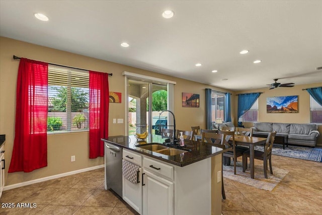 3936 E Narrowleaf Dr, Gilbert, AZ 85298 - kitchen with a sink, dishwasher, recessed lighting, white cabinets, and light tile patterned flooring