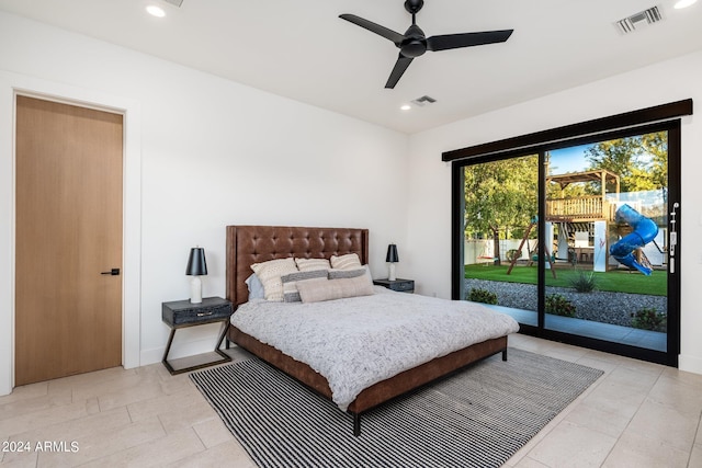 bedroom with access to exterior, light tile patterned floors, and ceiling fan