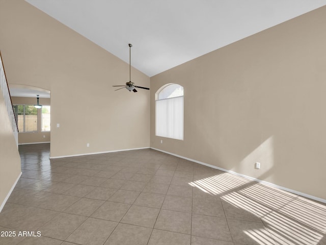 13620 N 82nd Ln, Peoria, AZ 85381 - unfurnished room with baseboards, a ceiling fan, tile patterned flooring, and high vaulted ceiling