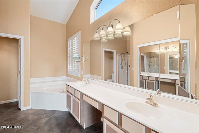 full bathroom with toilet, a chandelier, vanity, independent shower and bath, and tile patterned flooring