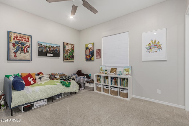 bedroom featuring carpet flooring and ceiling fan