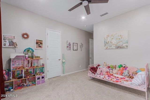 bedroom featuring carpet and ceiling fan