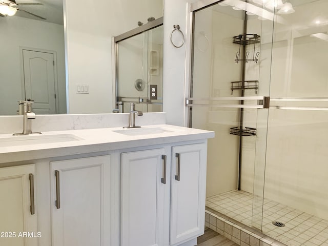 bathroom featuring double vanity, a stall shower, and a sink