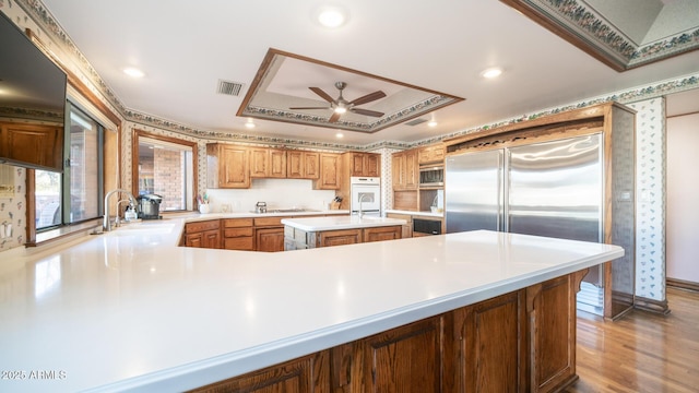 kitchen with a raised ceiling, wood-type flooring, ceiling fan, a kitchen island, and sink