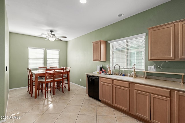 19667 N 260th Ln N, Buckeye, AZ 85396 - kitchen with dishwasher, a sink, a ceiling fan, light tile patterned floors, and light countertops