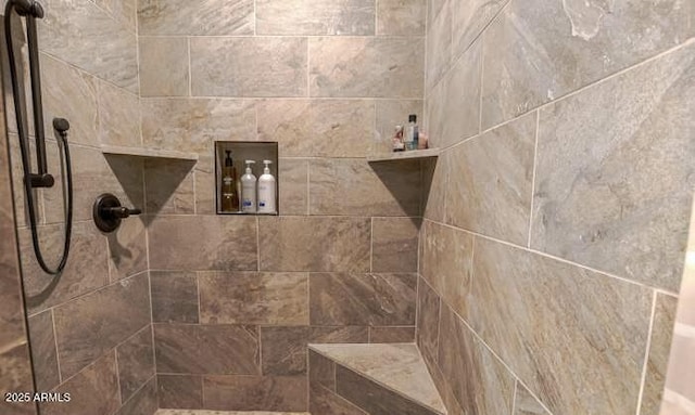 interior details featuring a tile shower