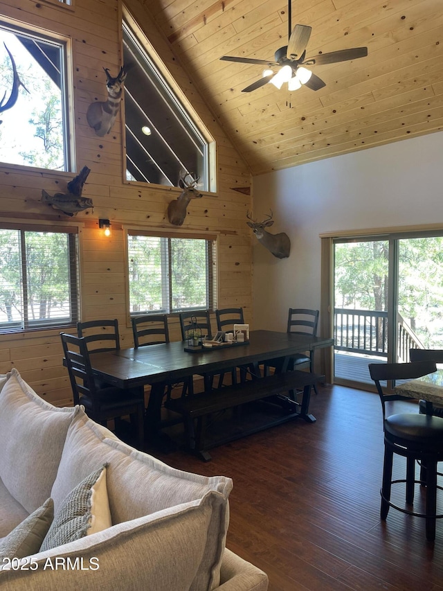 dining room featuring wood walls, wood finished floors, and a healthy amount of sunlight