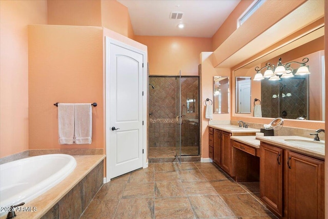 bathroom featuring separate shower and tub and vanity