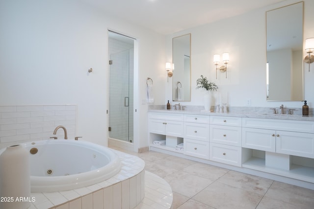 bathroom with vanity, separate shower and tub, and tile patterned flooring