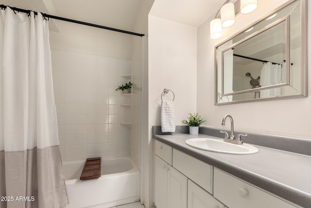 full bath featuring vanity and shower / bath combination with curtain