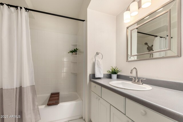 full bathroom with shower / bathtub combination with curtain and vanity