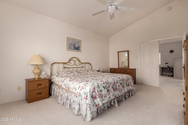 bedroom featuring light colored carpet, high vaulted ceiling, and ceiling fan
