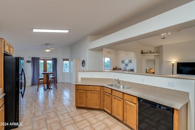 kitchen with light tile patterned flooring, sink, ceiling fan, and black appliances