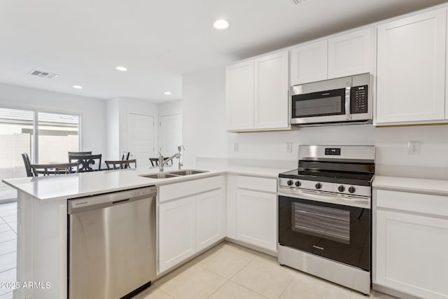 kitchen featuring stainless steel appliances, white cabinetry, sink, and kitchen peninsula