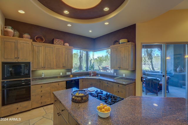 kitchen with sink, dark stone counters, and black appliances