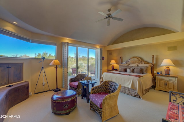 carpeted bedroom with access to outside, ceiling fan, and vaulted ceiling