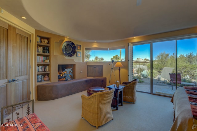 carpeted living room with built in features