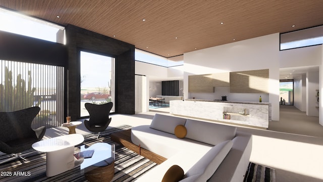 living room featuring expansive windows, wooden ceiling, a towering ceiling, and recessed lighting