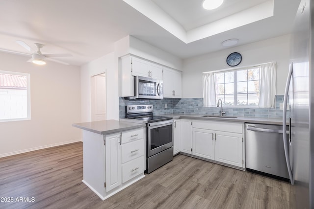 kitchen with white cabinets, stainless steel appliances, decorative backsplash, sink, and kitchen peninsula