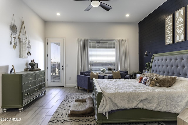 bedroom with access to exterior, recessed lighting, light wood-style floors, and ceiling fan