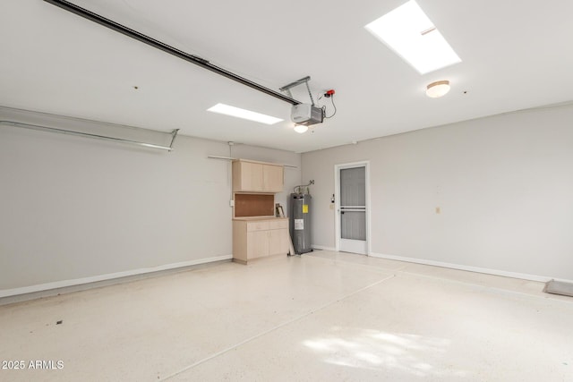 garage with a garage door opener and water heater