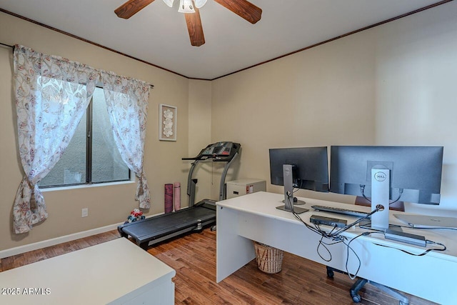 home office featuring wood-type flooring, ornamental molding, and ceiling fan