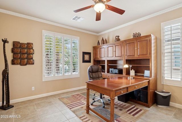 office space featuring ornamental molding, a ceiling fan, visible vents, and a healthy amount of sunlight