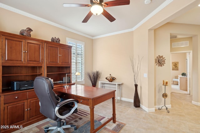 office space featuring baseboards, visible vents, light tile patterned flooring, ceiling fan, and ornamental molding