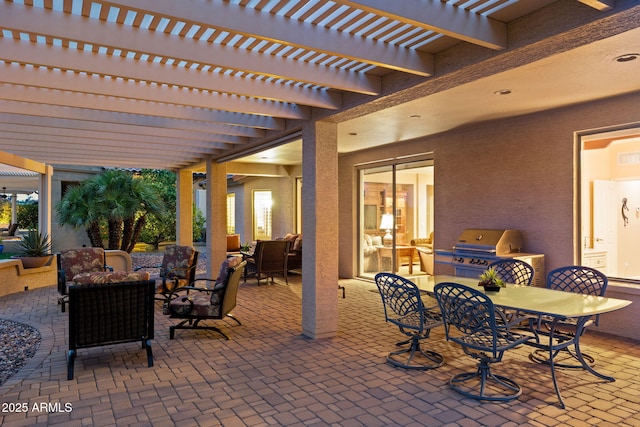 view of patio / terrace featuring area for grilling, a pergola, a grill, outdoor dining area, and an outdoor hangout area