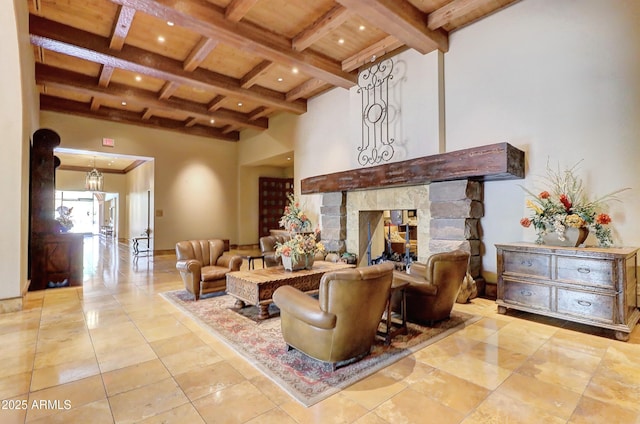 living area with tile patterned floors, beamed ceiling, coffered ceiling, recessed lighting, and a fireplace